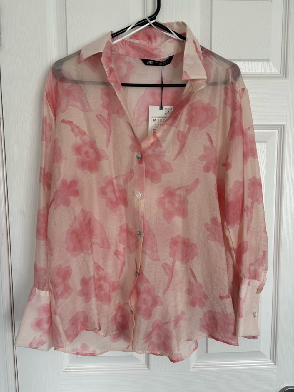 Zara Pink Floral Sheer Button-Down Blouse